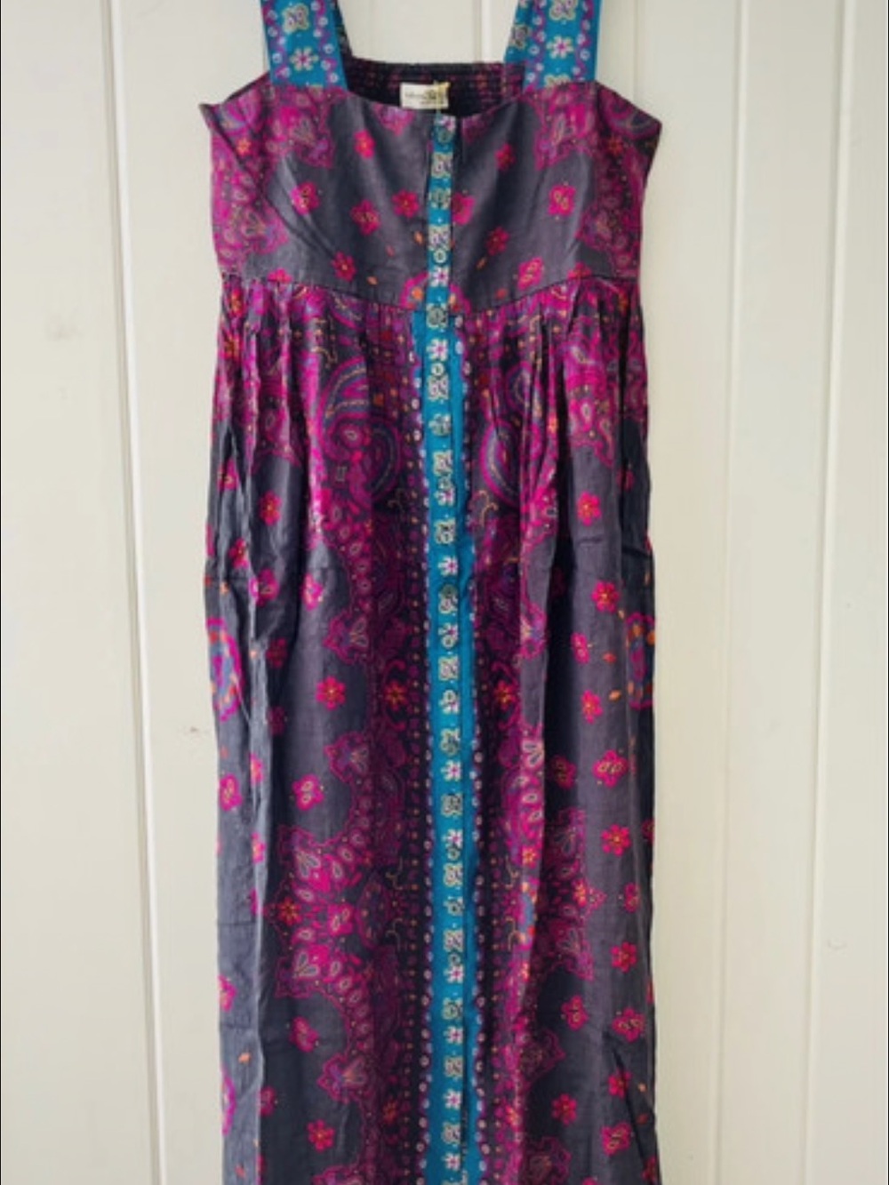 NATURAL LIFE Charcoal & Magenta Boho Maxi Dress with Turquoise Trim NWT